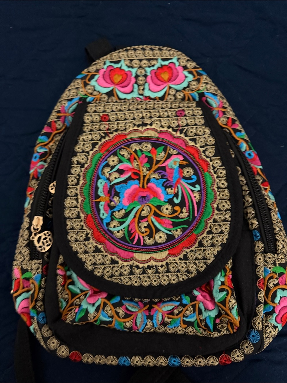 Bohemian Embroidered Black Floral Backpack